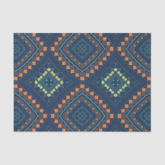 Deep Blue Ethnic Folk Boho Chic Mosaic Pattern Tissue Paper (Front)