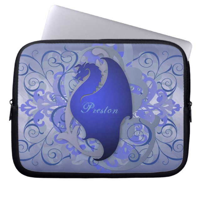 Deep Blue Fantasy Scroll Dragon Laptop Sleeve (Front)