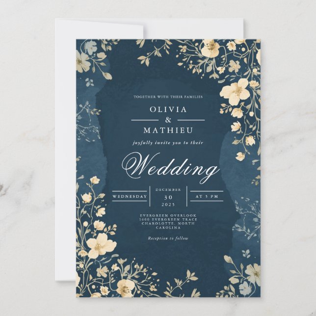 Deep Blue Floral Bloom Wedding Invitation (Front)