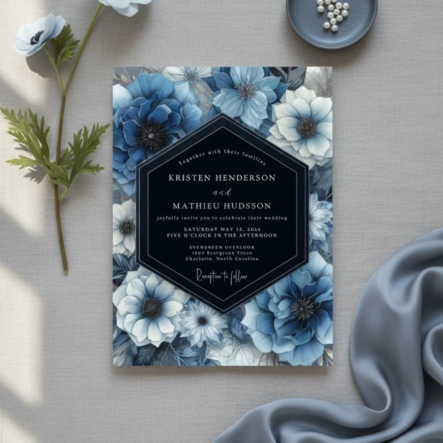 Deep Blue Floral Bloom Wedding Invitation (Creator Uploaded)