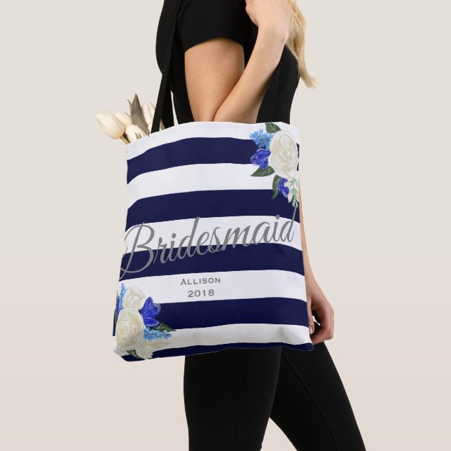 Deep Blue Floral Bridesmaid Tote Bag (Close Up)