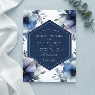 Deep Blue Floral Opulent Wedding Invitation