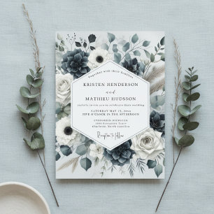 Deep Blue Floral Romance Wedding Invitation