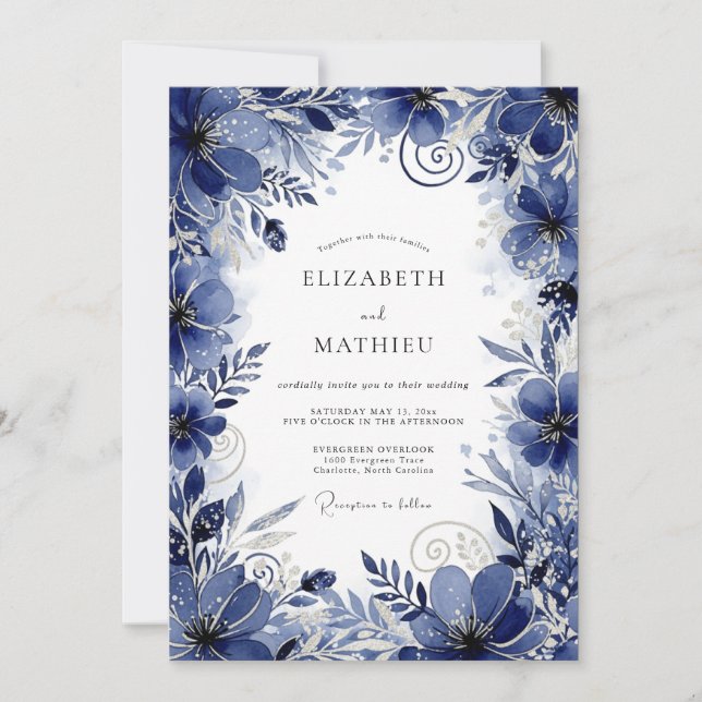 Deep Blue Floral Romance Wedding Invitation (Front)