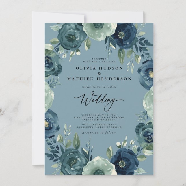 Deep Blue Floral Romantic Wedding Invitation (Front)