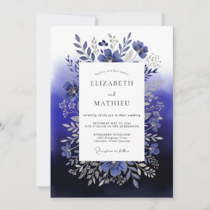 Deep Blue Floral Woodland Wedding Invitation