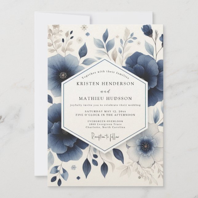 Deep Blue Floral Woodland Wedding Invitation (Front)