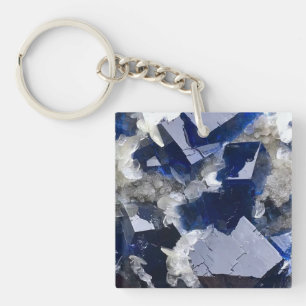 Deep Blue Fluorite Crystal & Flake Calcite Key Ring