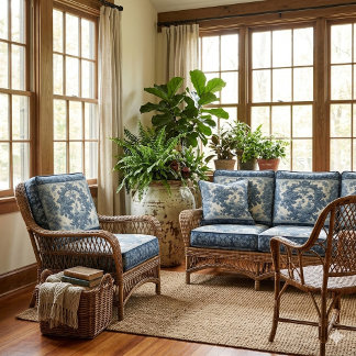 Deep Blue French Warship Toile Floral Motifs Decor Fabric