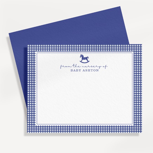 Deep Blue Gingham  Boy  Nursery Note Card (Creator Uploaded)