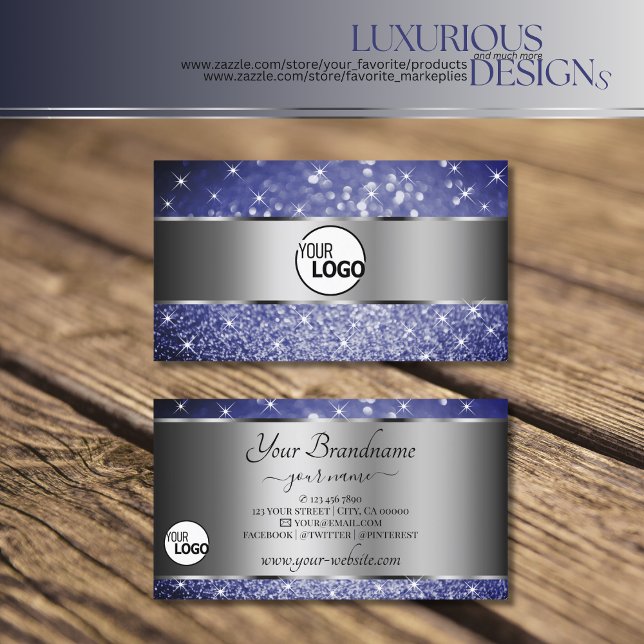 Deep Blue Glitter Luminous Stars and Logo Silver Business Card (Creator Uploaded)