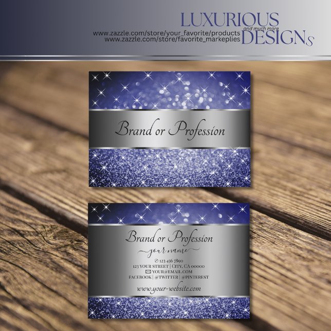 Deep Blue Glitter Luminous Stars Silver Decoration Business Card (Creator Uploaded)