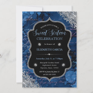 Deep Blue Glitter Mermaid Letters Sweet 16 Invitation