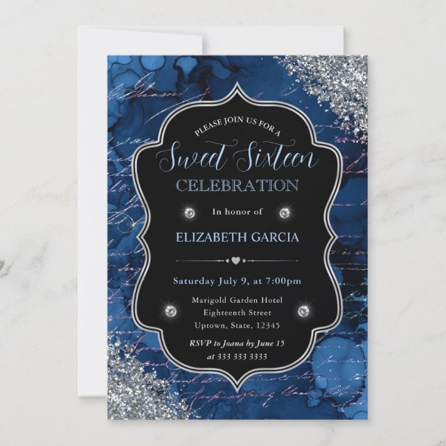 Deep Blue Glitter Mermaid Letters Sweet 16 Invitation (Front)