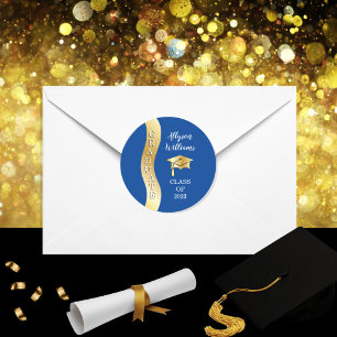Deep Blue Gold Graduate Wave Grad Cap Classic Round Sticker