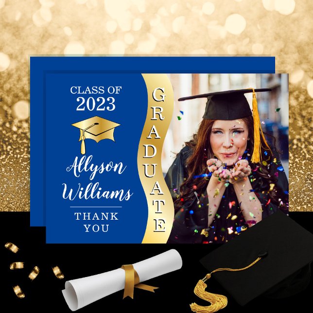 Deep Blue | Gold Graduate Wave Grad Cap Photo Thank You Card (Creator Uploaded)