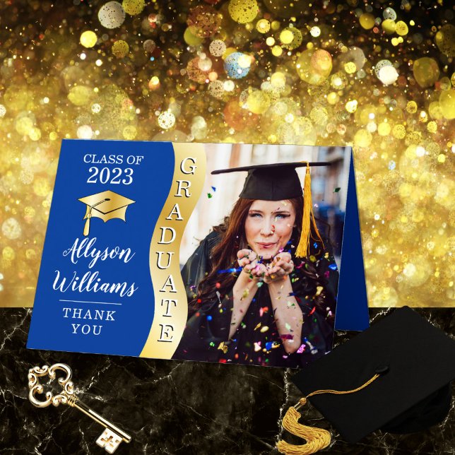 Deep Blue | Gold Graduate Wave Grad Cap Photo Thank You Card (Creator Uploaded)