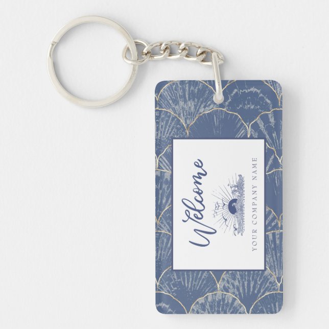 Deep Blue & Gold Watercolor Seashell Custom Key Ring (Front)