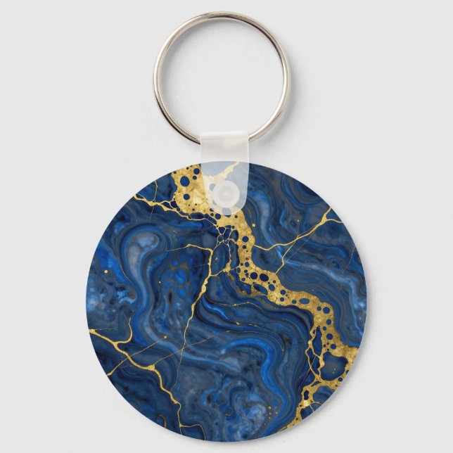 Deep Blue Golden Veins Abstract Key Ring (Front)