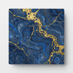 Deep Blue Golden Veins Abstract Plaque