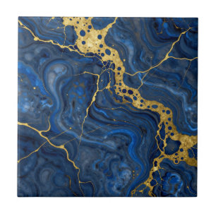 Deep Blue Golden Veins Abstract Tile
