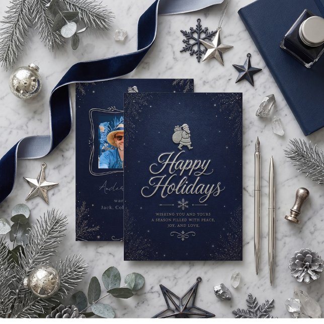 Deep blue happy holiday family photo card (Creator Uploaded)