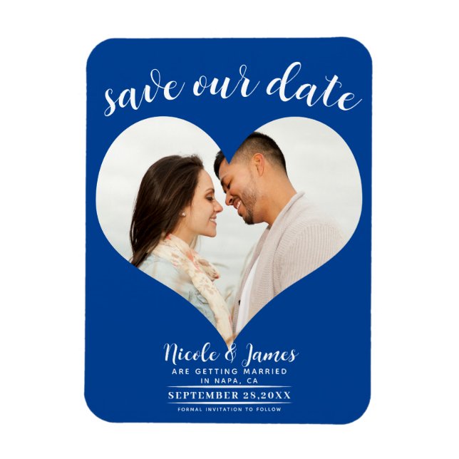 Deep Blue Heart Photo Wedding Save the Date Magnet (Vertical)