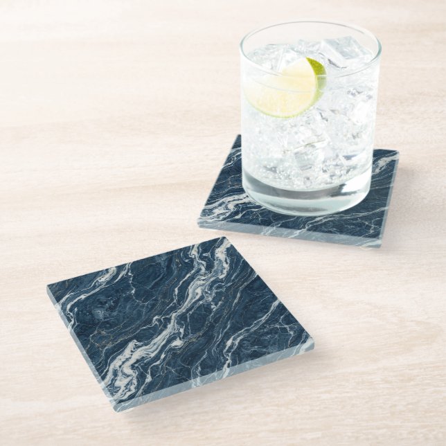 Deep Blue Marble Elegant Modern Aesthetic Style Glass Coaster (Angled)