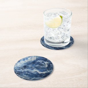 Deep Blue Marble Pattern Round Paper Coaster