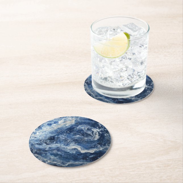 Deep Blue Marble Pattern Round Paper Coaster (Insitu)