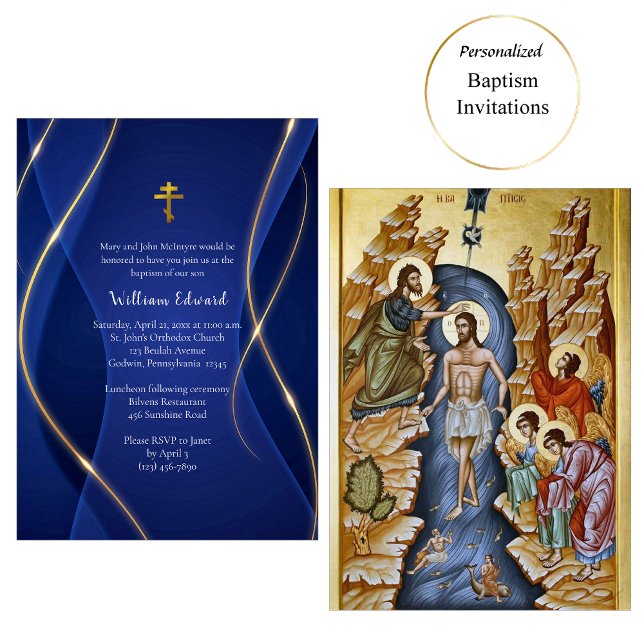 Deep Blue Metallic Gold Orthodox Christian Baptism Invitation (Creator Uploaded)