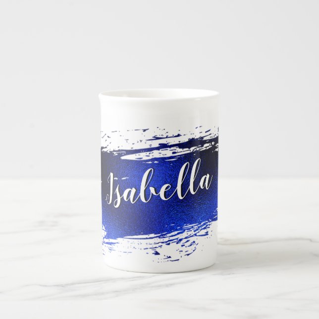 Deep Blue Metallic Paint Stroke Add Name Bone China Mug (Front)