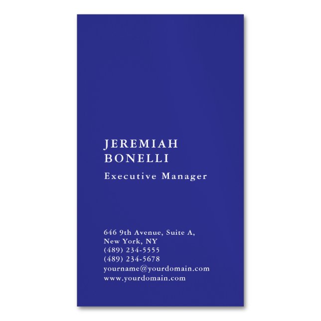 Deep blue minimalist modern plain magnetic business card (Front Vertical)