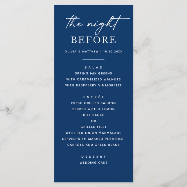 Deep Blue Modern Script Rehearsal Dinner Wedding Menu (Front)
