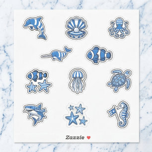 Deep Blue Nautical Striped Sea Life Sticker Sheet