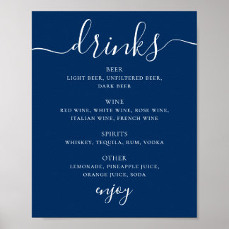Deep Blue Navy Wedding Drinks | Nautical Bar Menu Poster