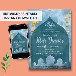 Deep Blue Night Mosque Silhouette Iftar Dinner Invitation