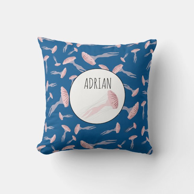 Deep Blue Ocean Jellyfish Pattern Custom Name Cushion (Front)