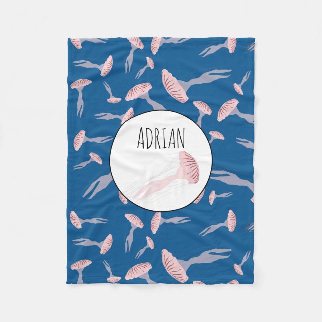 Deep Blue Ocean Jellyfish Pattern Custom Name Fleece Blanket (Front)