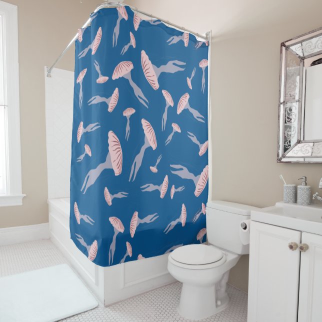 Deep Blue Ocean Jellyfish Pattern Shower Curtain (In Situ)