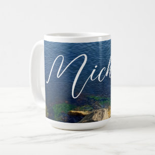 Deep Blue Ocean Photo Custom Name Flowy Letters Coffee Mug