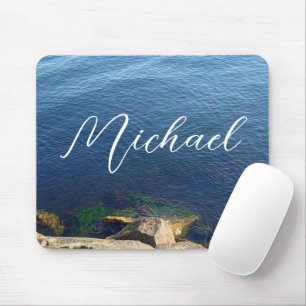 Deep Blue Ocean Photo Custom Name Flowy Letters Mouse Pad