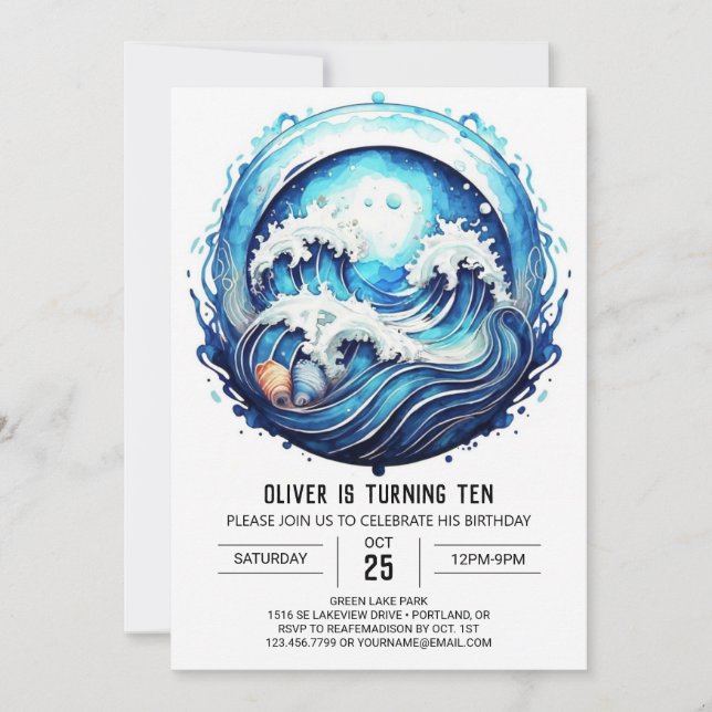 Deep Blue Ocean Waves Birthday Invitation (Front)