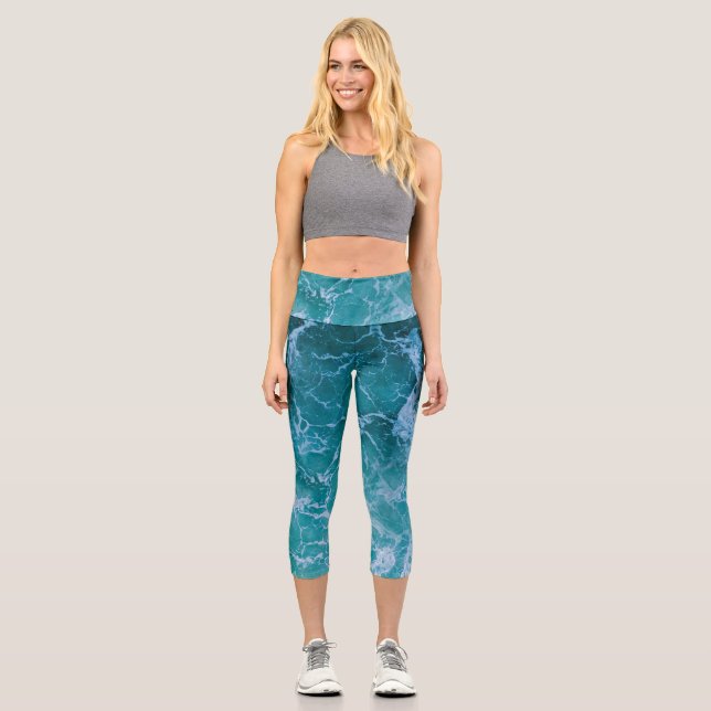 Deep Blue Ocean Waves Capri Leggings (Front)
