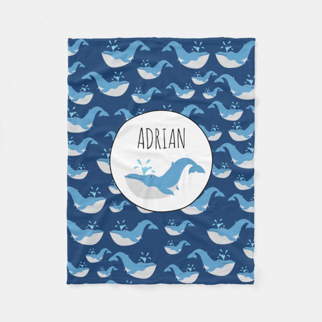 Deep Blue Ocean Whale Pattern Custom Name Fleece Blanket (Front)