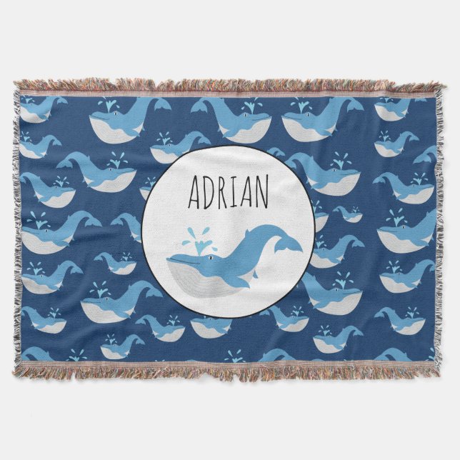Deep Blue Ocean Whale Pattern Custom Name Throw Blanket (Front)
