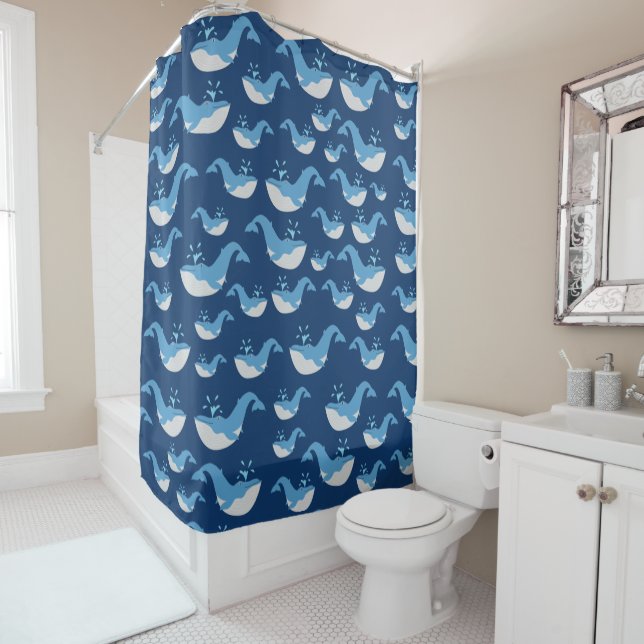 Deep Blue Ocean Whale Pattern Shower Curtain (In Situ)