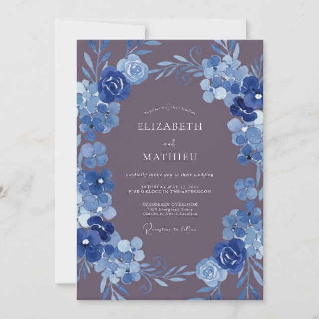 Deep Blue Painterly Floral Wedding Invitation (Front)