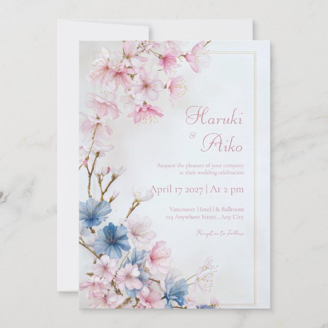 Deep Blue Pink Romantic Sakura Gold Frame Wedding Invitation (Front)