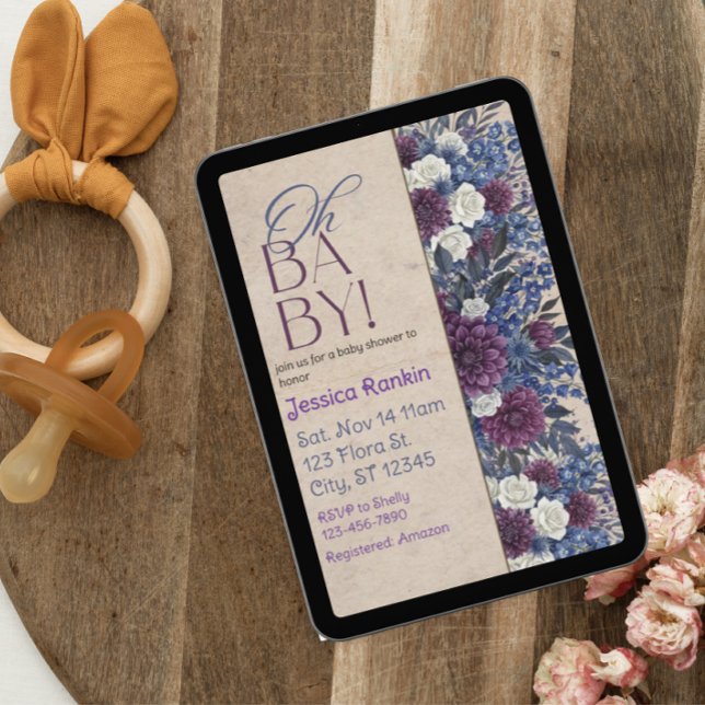 Deep Blue & Purple Floral Baby Shower Invitation (Creator Uploaded)